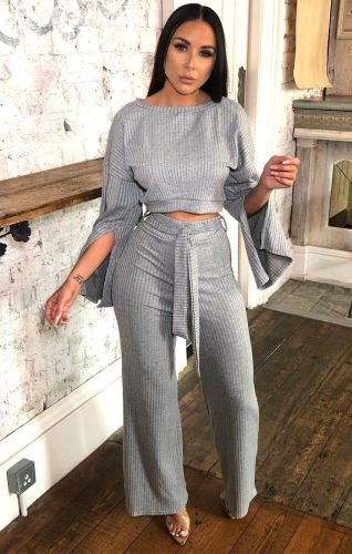 Autumn and winter solid color casual split cuff wide-leg pants two-piece suit