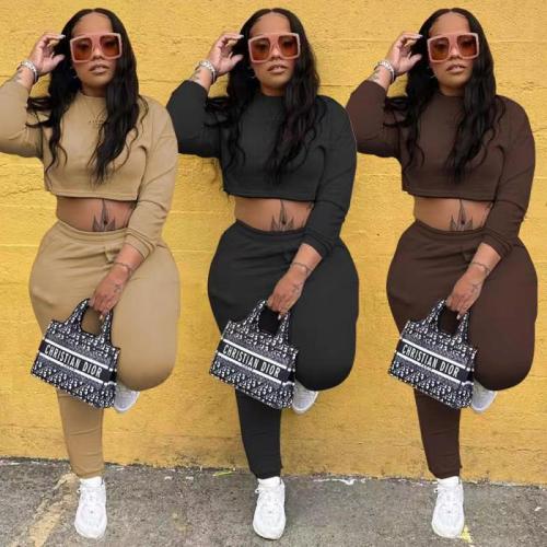 2021 solid color fashion loose autumn and winter sports leisure small sweater set two-piece set