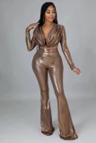 Autumn and winter V-neck sexy bronzing long-sleeved flared pants two-piece suit
