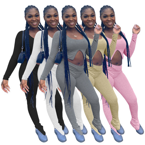 2021 autumn solid color long sleeve top split pants Imitation cotton two-piece set