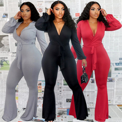 Large size tight-fitting lace-up long-sleeved sexy low-cut flared trousers jumpsuit