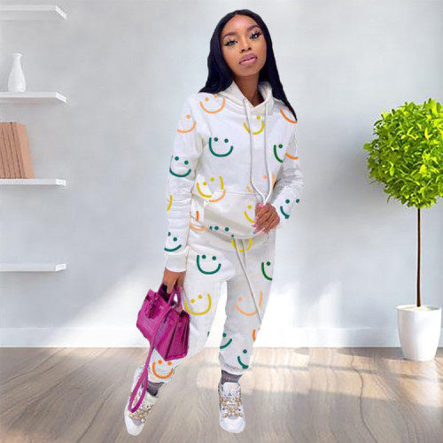 2021 autumn winter women's fashion smiling face casual printing two piece set