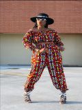 Printed one word, shoulder long sleeves, large size two-piece suit