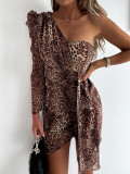 Autumn long-sleeved strapless print bag hip dress