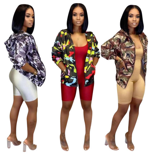 Casual camouflage print hooded jacket