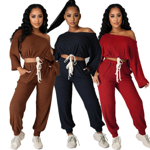 Solid color ribbed off-the-shoulder strappy loose trousers two-piece suit