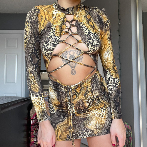 New leopard print, hollow lace-up long-sleeved dress, short skirt