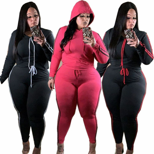 Large size women's clothing autumn and winter fashion casual sports solid color two-piece hooded suit