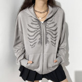 Autumn and winter new solid color hot rhinestone loose sports leisure zipper hooded sweater