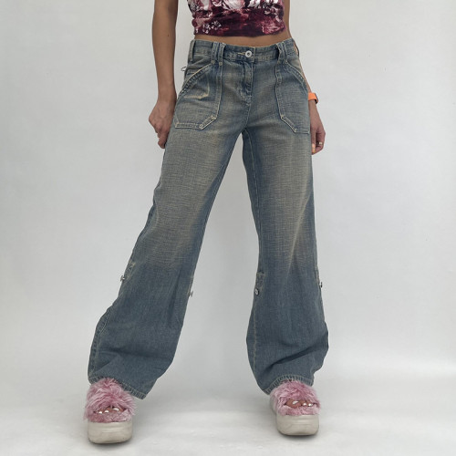 Fashion Street Retro Japanese Button Decorated High Waist Loose Wide Leg Jeans
