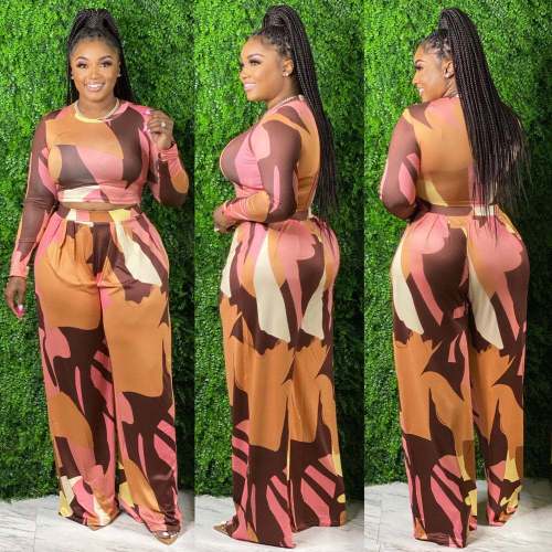 Printed long-sleeved wide-leg pants plus size two-piece