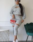 Hollow hole long-sleeved gray pants suit two-piece suit
