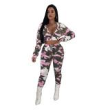 Autumn casual camouflage hooded two-piece set