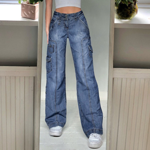 New street fashion casual multi-pocket high-waist straight-leg jeans trousers autumn