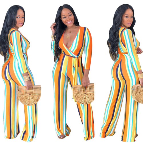 Casual color striped sexy v-neck long-sleeved jumpsuit