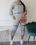 Hollow hole long-sleeved gray pants suit two-piece suit