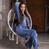 2021 autumn coat loose trousers wide-leg sexy silk simulation casual blue two-piece suit