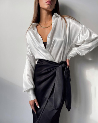 2021 early autumn acetate ice silk satin imitation silk drape white shirt temperament with loose French women's clothing