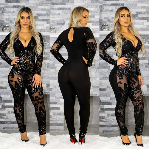 Slim sexy sequins see-through deep V jumpsuit nightclub clothes