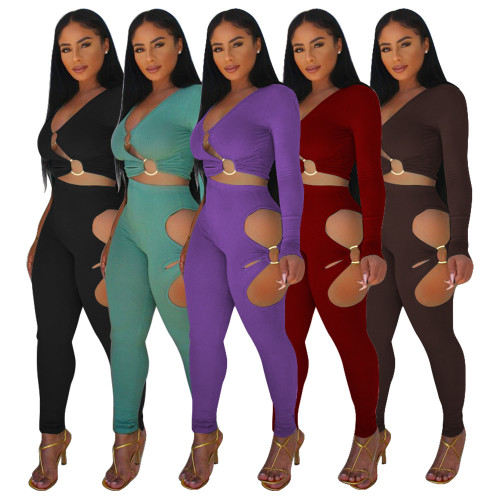 Pure color high elastic pit strip sexy V-neck two-piece suit