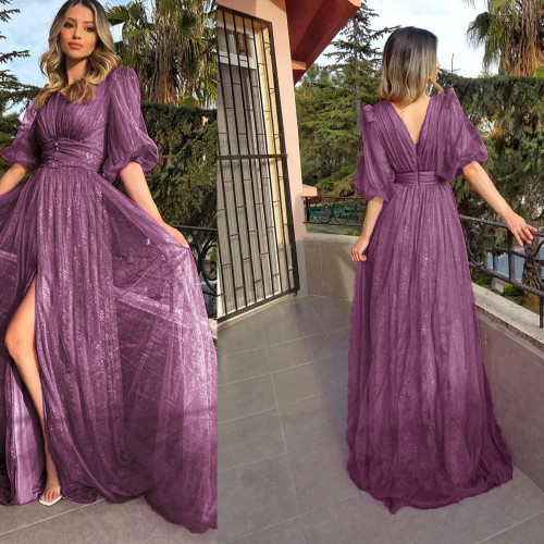 2021 sexy lace mesh long-sleeved prom dress halter dress new big swing dress