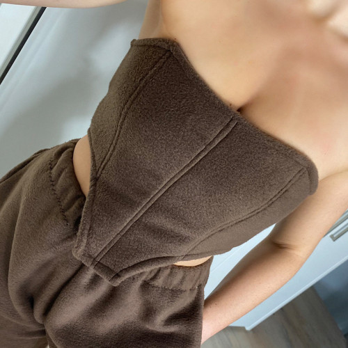 Sports style autumn and winter solid color tube top strap elastic pant suit