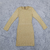 Autumn and winter long-sleeved knitted beaded pearl dress Slim short evening party dress