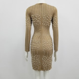 Autumn and winter long-sleeved knitted beaded pearl dress Slim short evening party dress