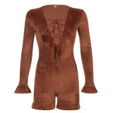 Autumn and winter solid color suede sexy deep V-neck tie lotus leaf hem jumpsuit shorts