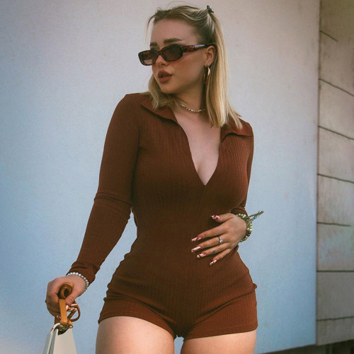 2021 autumn casual solid color V-neck sexy tight-fitting long-sleeved jumpsuit shorts