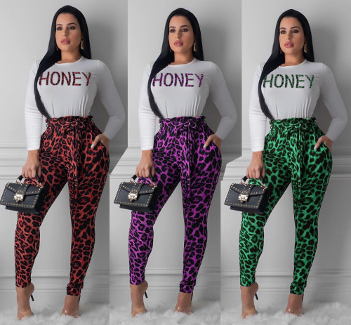 Letter-print leopard print two-piece long-sleeved trousers