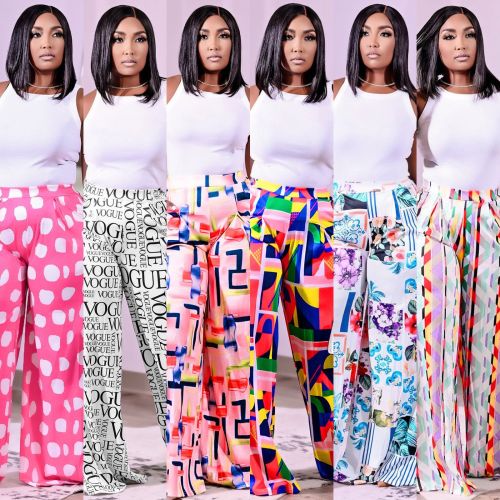 Exquisitely printed slanted pockets loose fit wide-leg pants