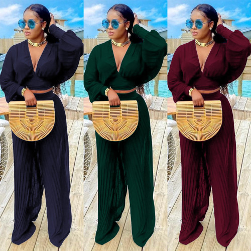 Pleated open chest V-neck fashion casual wide-leg pants two-piece suit