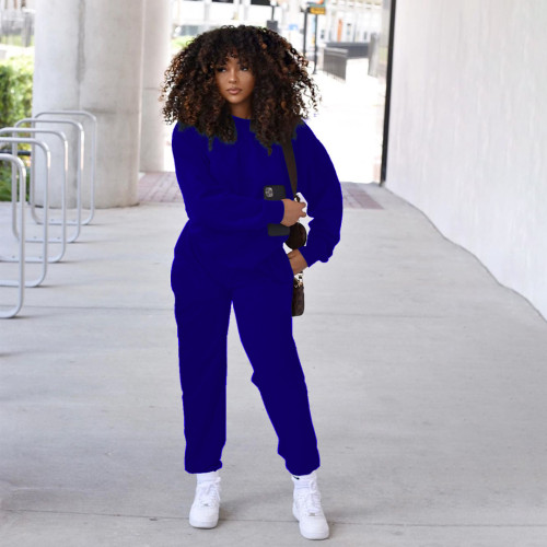 Fashion casual solid color round neck pocket loose long-sleeved trousers sports two-piece suit