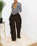 Brushed cute straight wide-leg pants with fringes on both sides