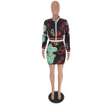 Autumn fashion casual printed zipper long-sleeved short skirt two-piece suit