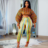 Plus size women's digital printing striped arm drawstring open belly fashion two-piece suit