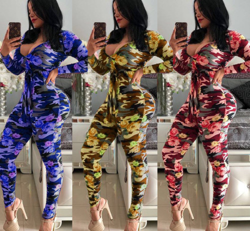 Flower camouflage print V-neck sexy skinny casual jumpsuit