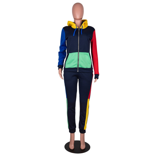 Multicolor Contrasting Color Stitching Zipper Drawstring Hooded Fashion Casual Top Women