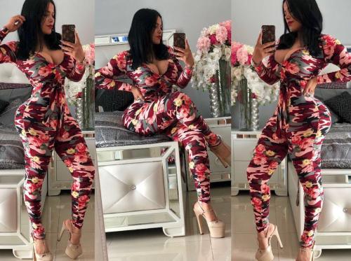Flower camouflage print V-neck sexy skinny casual jumpsuit
