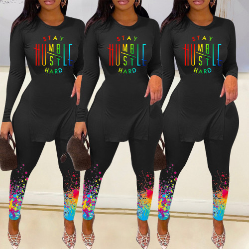 Autumn casual letters inkjet two-piece set