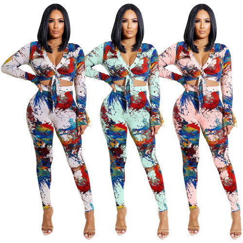 Fashion casual, splash ink, printed V-neck button and knotted two-piece set