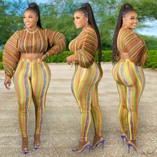 Plus size women's digital printing striped arm drawstring open belly fashion two-piece suit