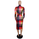 Fashion positioning contrast color printing side slit slim dress with belt