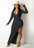 Ribbed long sleeve sexy slim fit halter dress