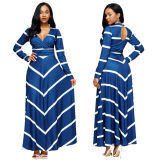 Sexy plus size long sleeve pleated loose striped dress