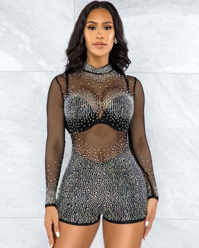 Stretch mesh, long sleeves, skinny, transparent, sexy, hot diamonds, shiny fashion women's jumpsuit