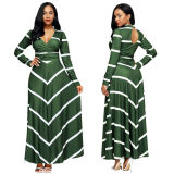 Sexy plus size long sleeve pleated loose striped dress
