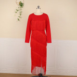 Round neck long sleeves high waist bag hip skirt stitching tassel banquet evening dress plus size dress