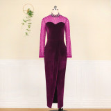 Round neck see-through net yarn nail beads high waist bag hip skirt split banquet dress plus size dress